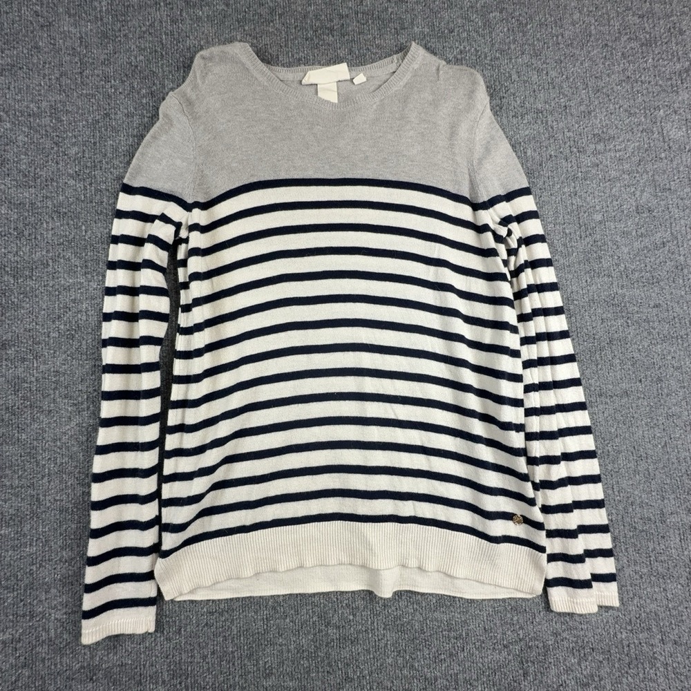 H&M L.O.G.G. Sweater Mens Small Gray White Striped Crewneck Cotton Knit Pullover